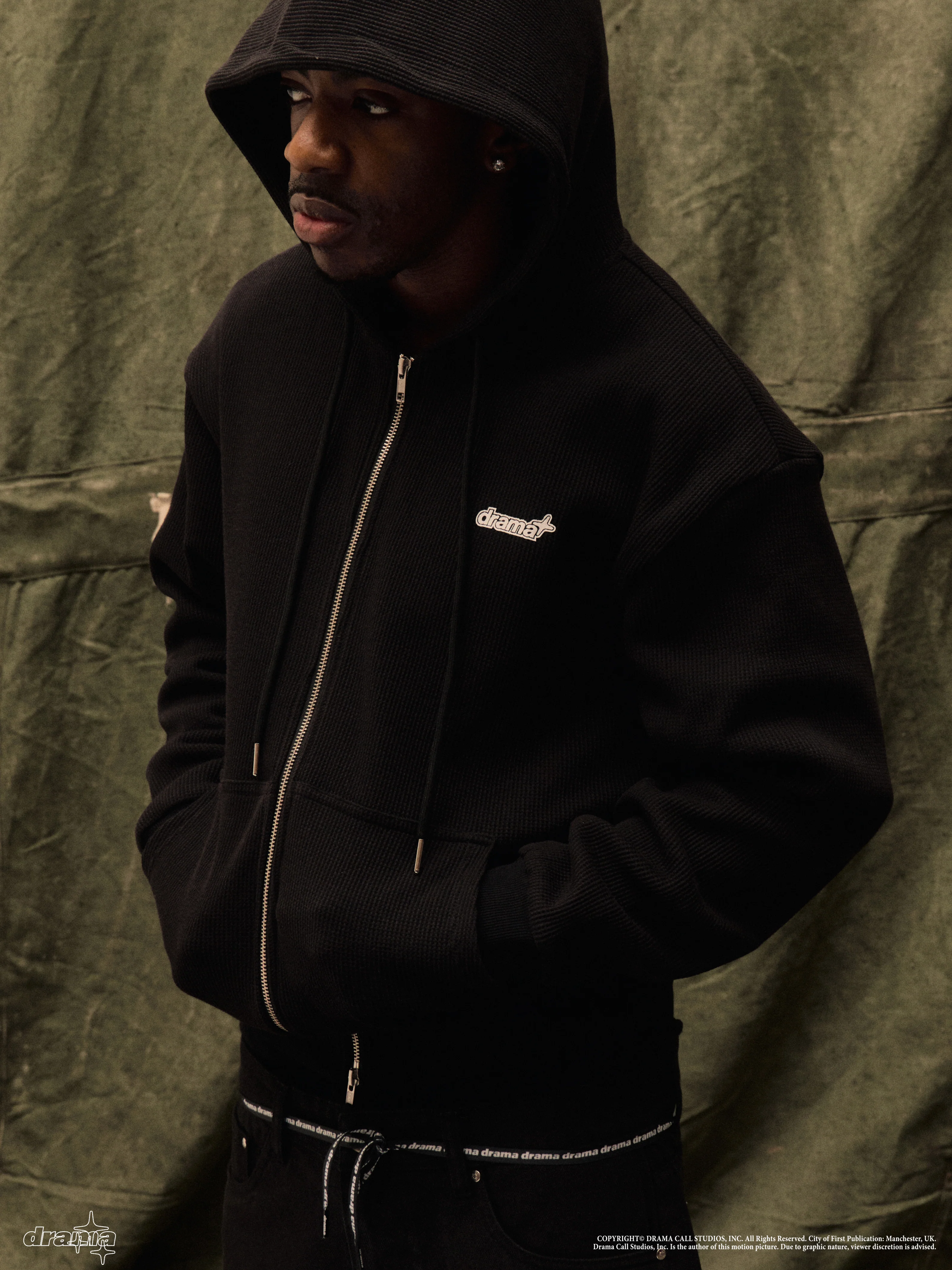 BLACK WAFFLE ZIP UP HOOD - Image 3